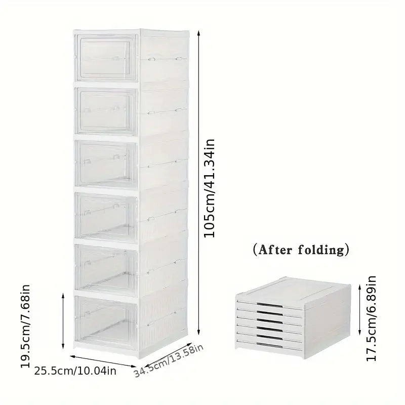 White folding storage unit with dimensions labeled on a white background