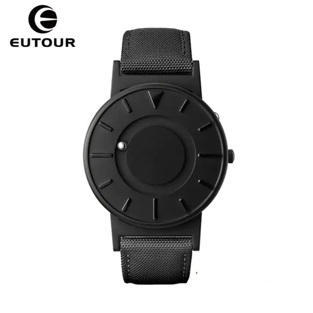 Eutour Magnetic Ball Watch with a sleek stainless steel case and elegant, screw-free design in black black canvas.