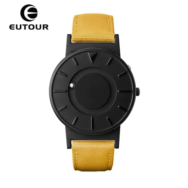 Eutour Magnetic Ball Watch with a sleek stainless steel case and elegant, screw-free design in black yellow canvas.