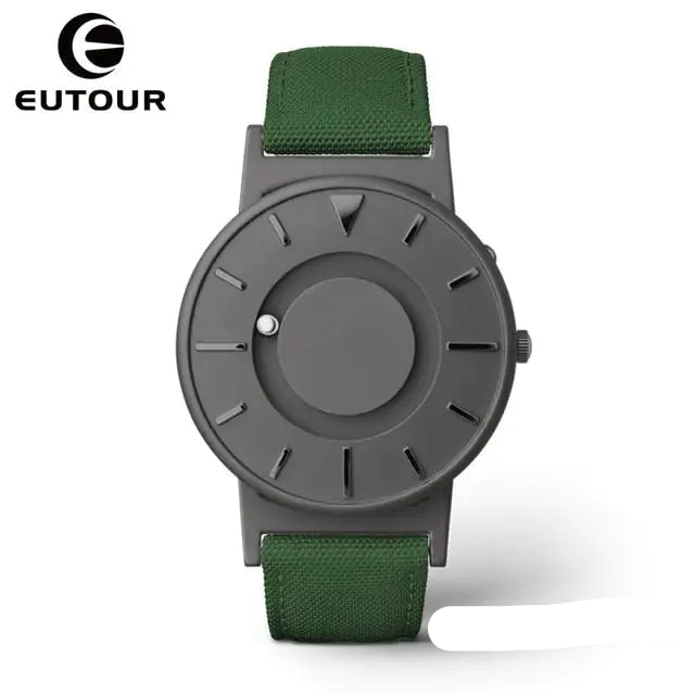 Eutour Magnetic Ball Watch with a sleek stainless steel case and elegant, screw-free design in Gray Green canvas.
