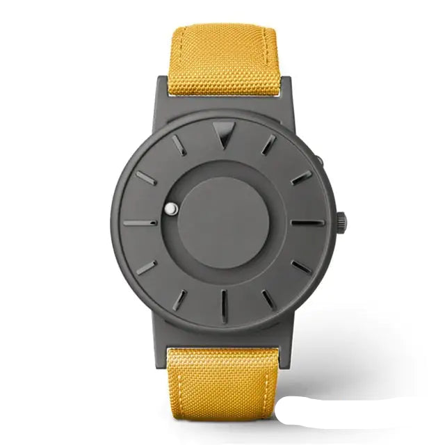 Eutour Magnetic Ball Watch with a sleek stainless steel case and elegant, screw-free design in Gray yellow canvas.