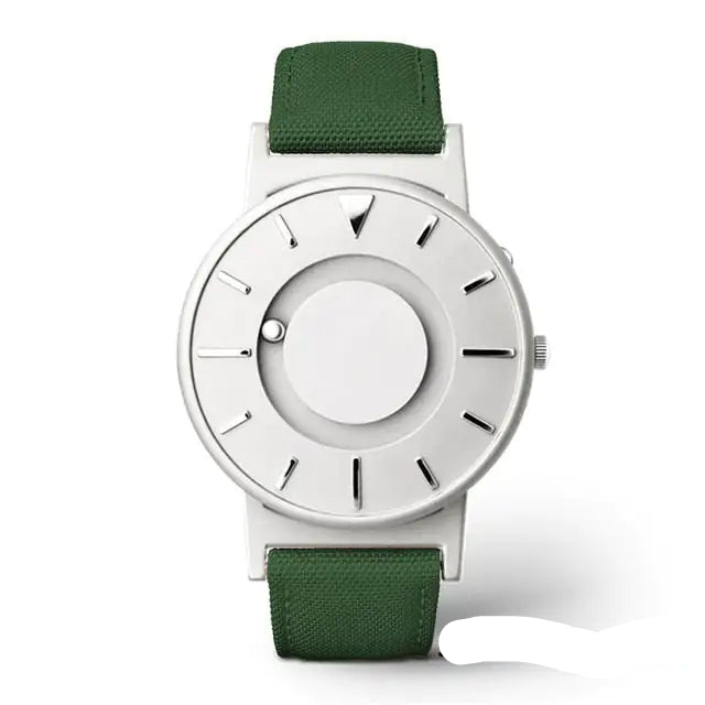 Eutour Magnetic Ball Watch with a sleek stainless steel case and elegant, screw-free design in silver green canvas.