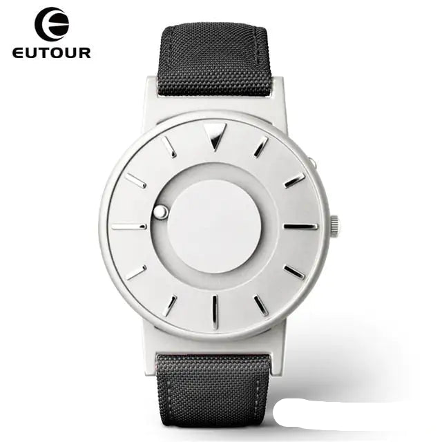 Eutour Magnetic Ball Watch with a sleek stainless steel case and elegant, screw-free design in silver black canvass.