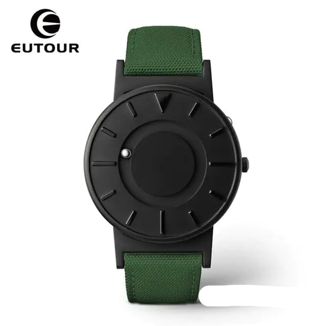 Eutour Magnetic Ball Watch with a sleek stainless steel case and elegant, screw-free design in green black canvas
