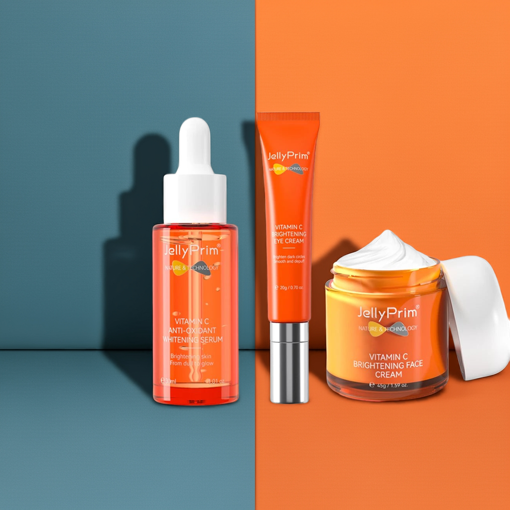 JellyPrim Vitamin C 3-Piece Skincare Set with brightening serum, gentle cleanser, and hydrating moisturizer for glowing skin