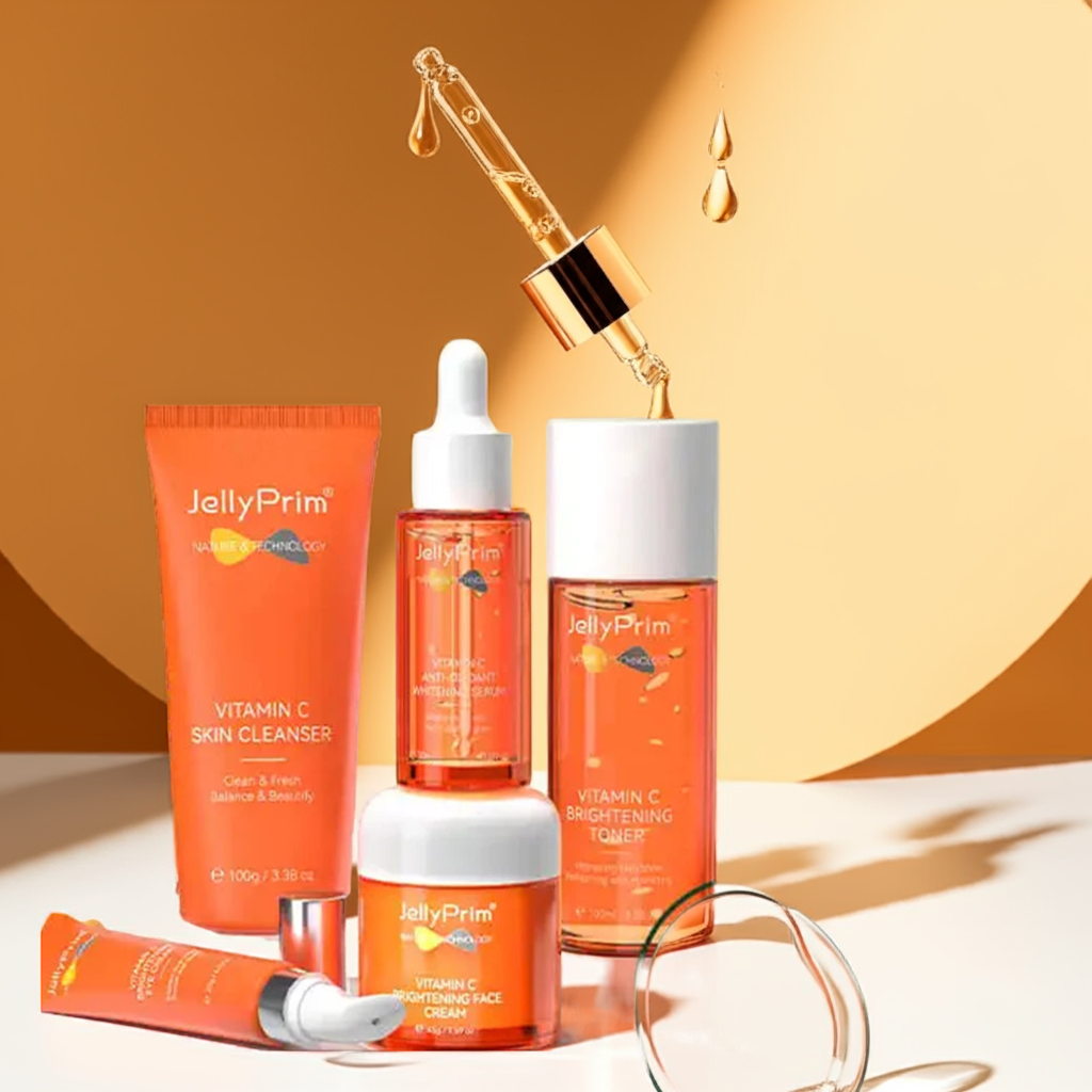 JellyPrim Vitamin C Full Skincare Kit for brightening, dark spot removal, and anti-aging – includes serum, cream, toner, and eye gel