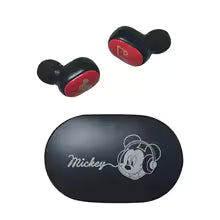 Black wireless earbuds with a charging case featuring a Mickey Mouse design on a white background