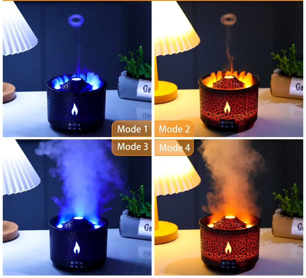 Close-up of the Volcano Air Flame Humidifier and Aroma Diffuser  showing flame-like mist, jellyfish smoke rings and light.