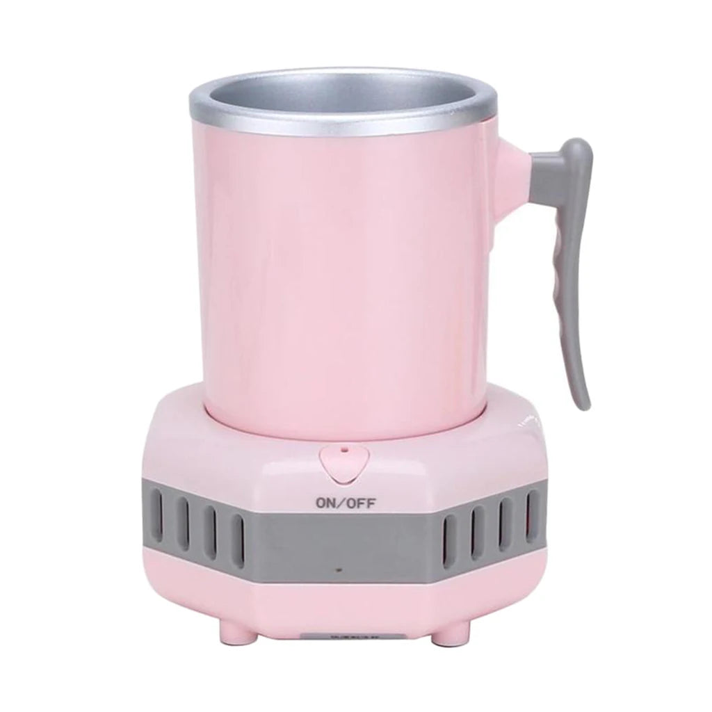 pink electric mug refrigerator with a handle on a smart base