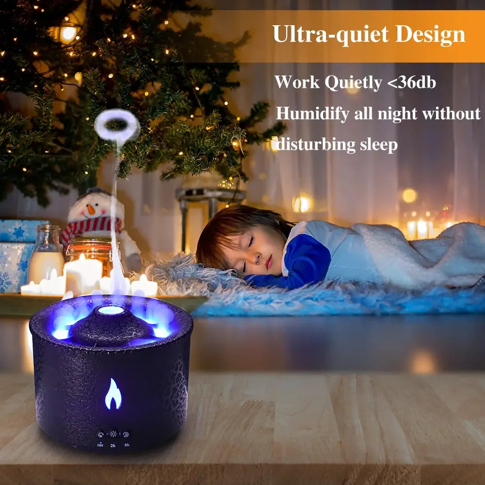 Volcano Air Flame Humidifier and Aroma Diffuser on a bedside table, creating a warm, cozy atmosphere.