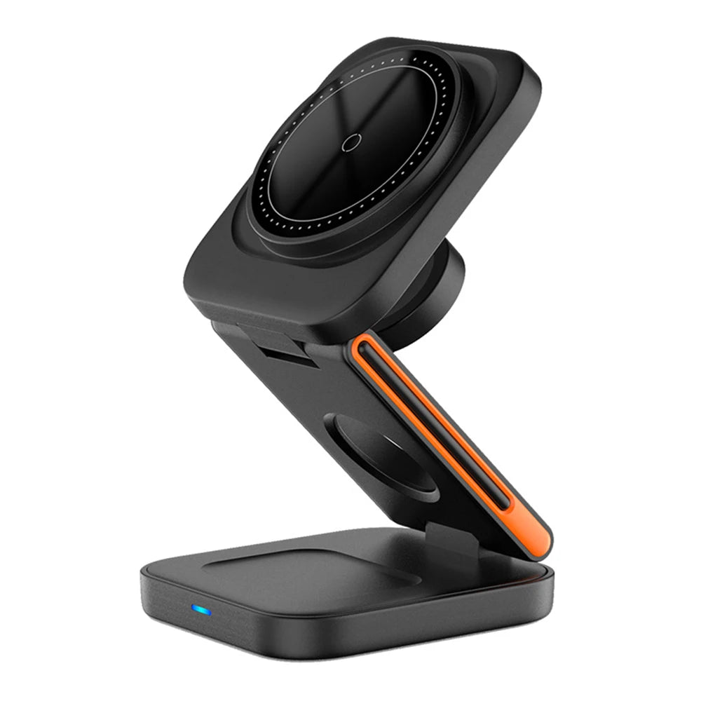 Side view of the 3-in-1 foldable charging dock for smartphones, smartwatches, and earbuds.