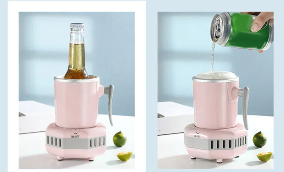Two refrigeration methods shown with a pink drink cooler .