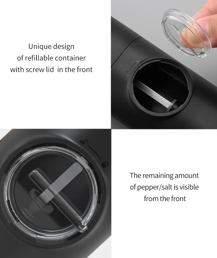 Refillable container of USB Rechargeable Pepper Grinder with screw lid design and visible remaining amount of pepper/salt.