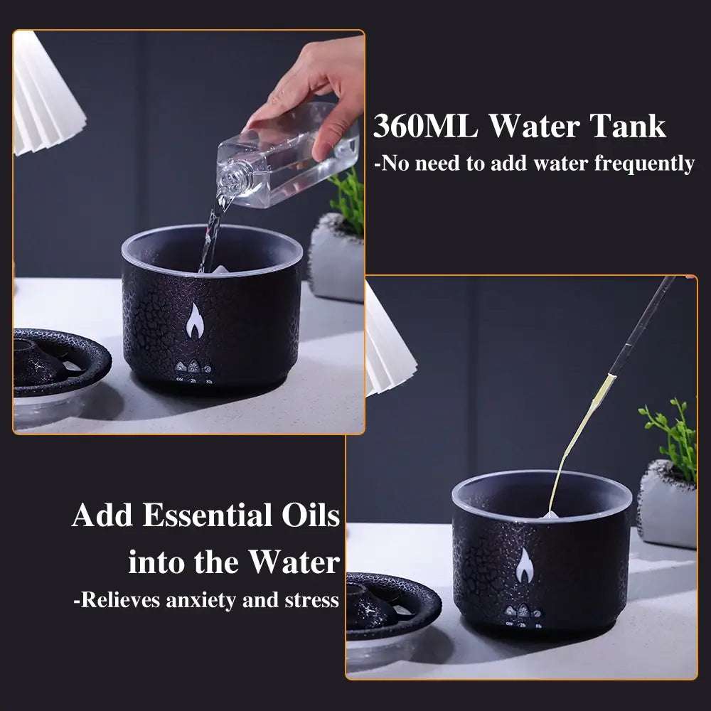 Water tank of the Volcano Air Flame Humidifier and Aroma Diffuser being filled for continuous use. a few
drops of your favorite scent and make your home peace and calm.