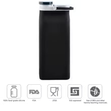 Black water bottle with a white cap on a white background, featuring certification icons below.