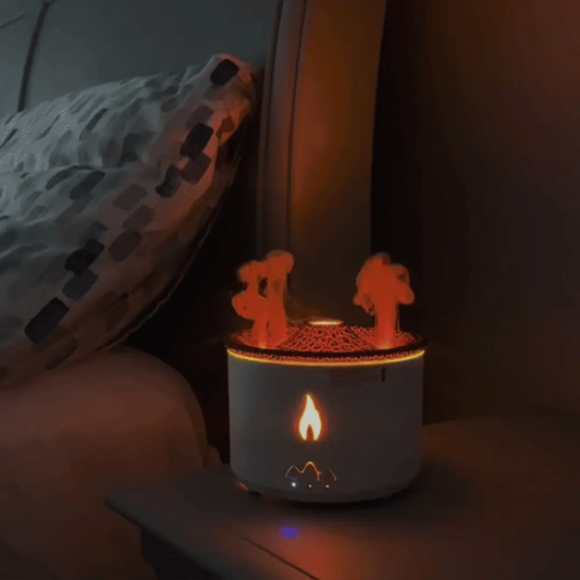 Volcano Air Flame Humidifier and Aroma Diffuser creating a peaceful bedroom ambiance.