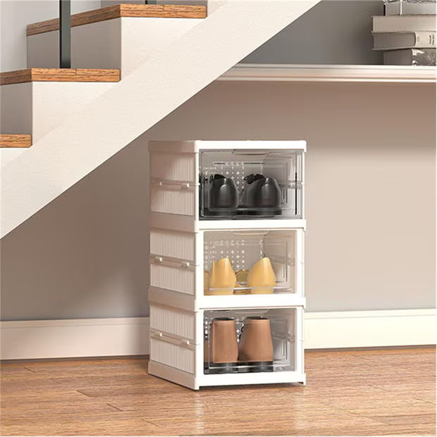 3 tier shoe rack showing the compact storage in a small space.