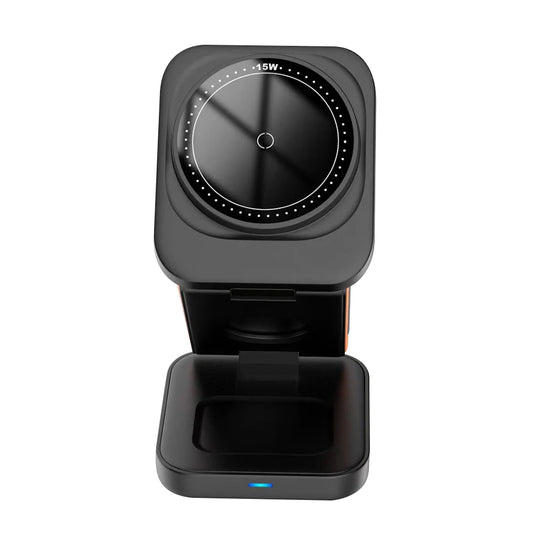 Folded 3-in-1 charging station showcasing its portable and space-saving design.