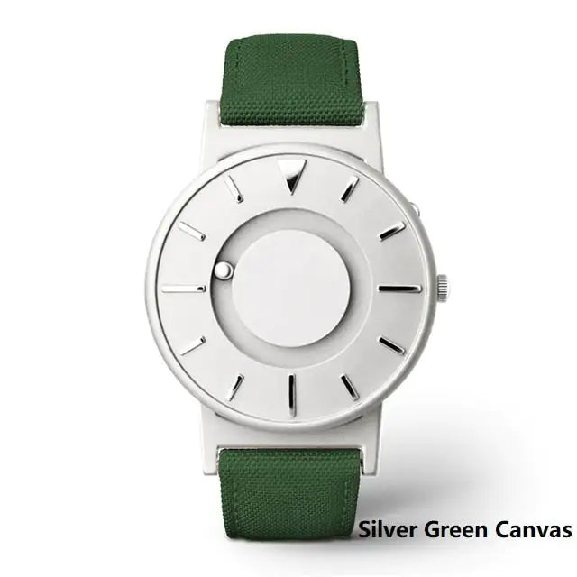 FusionTime™ Magnetic Ball Watch with a sleek stainless steel case and elegant, screw-free design in silver green canvas.