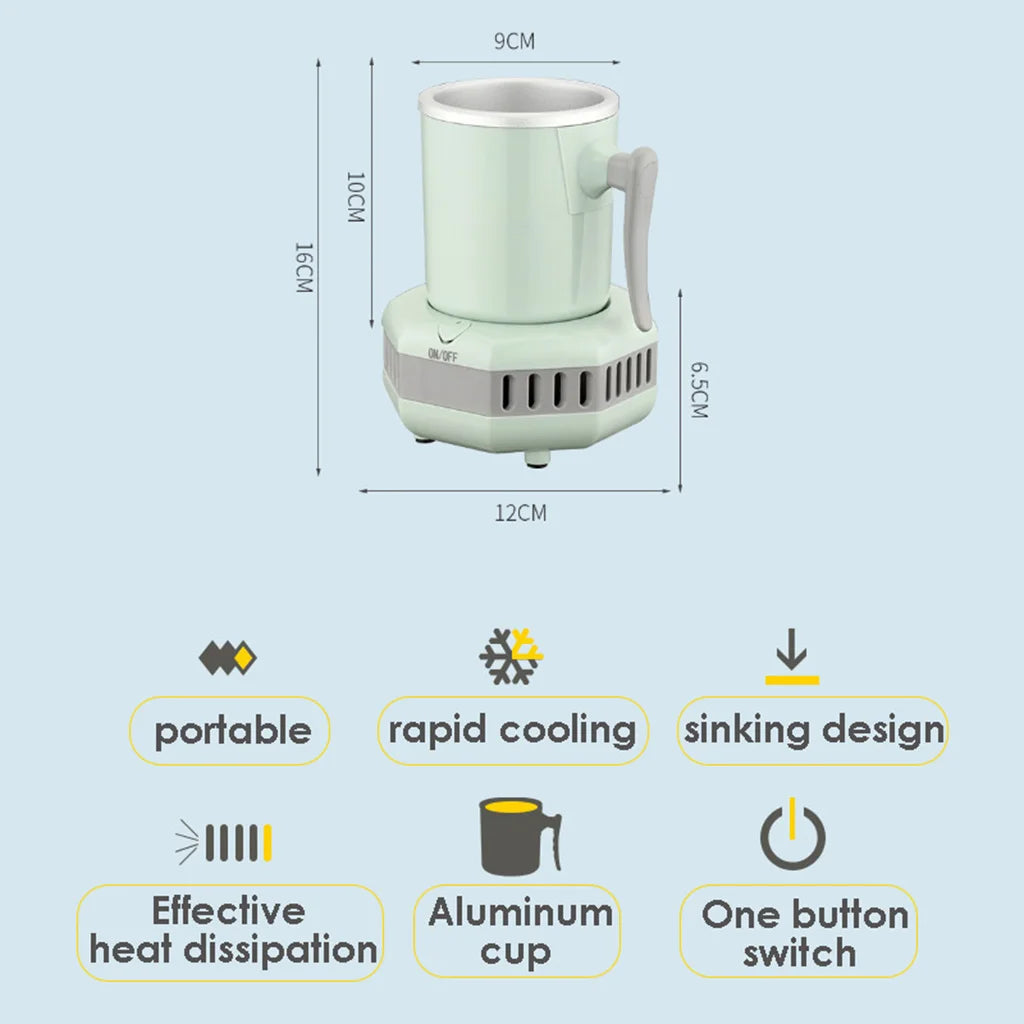 Portable cooler with dimensions and features on a light blue background