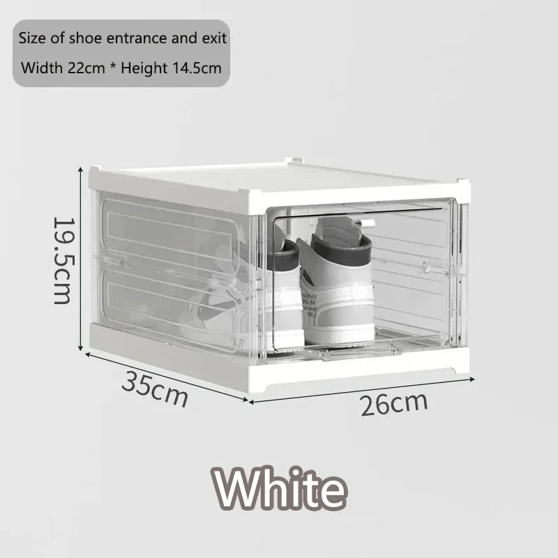 Demonstration of the vertical transparent shoe storage box with a pair of shoes inside.