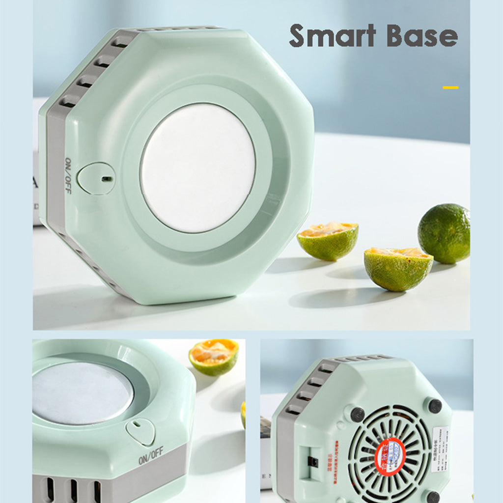 Smart base device with a light green color on a white surface with limes.