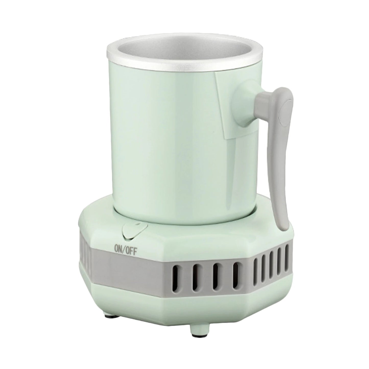 Green electric mug refrigerator with a handle on a smart base