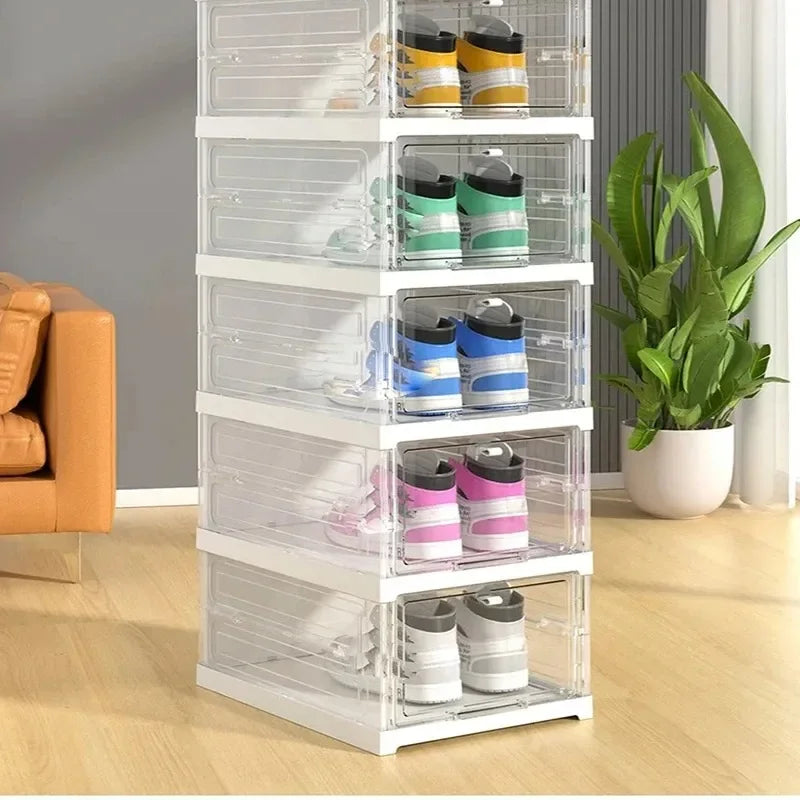 Side view of the stackable transparent shoe storage box.