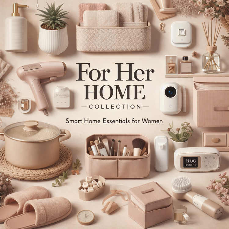 For Her Home collection featuring smart home essentials, kitchen accessories, home organization products, and lifestyle gadgets for women.