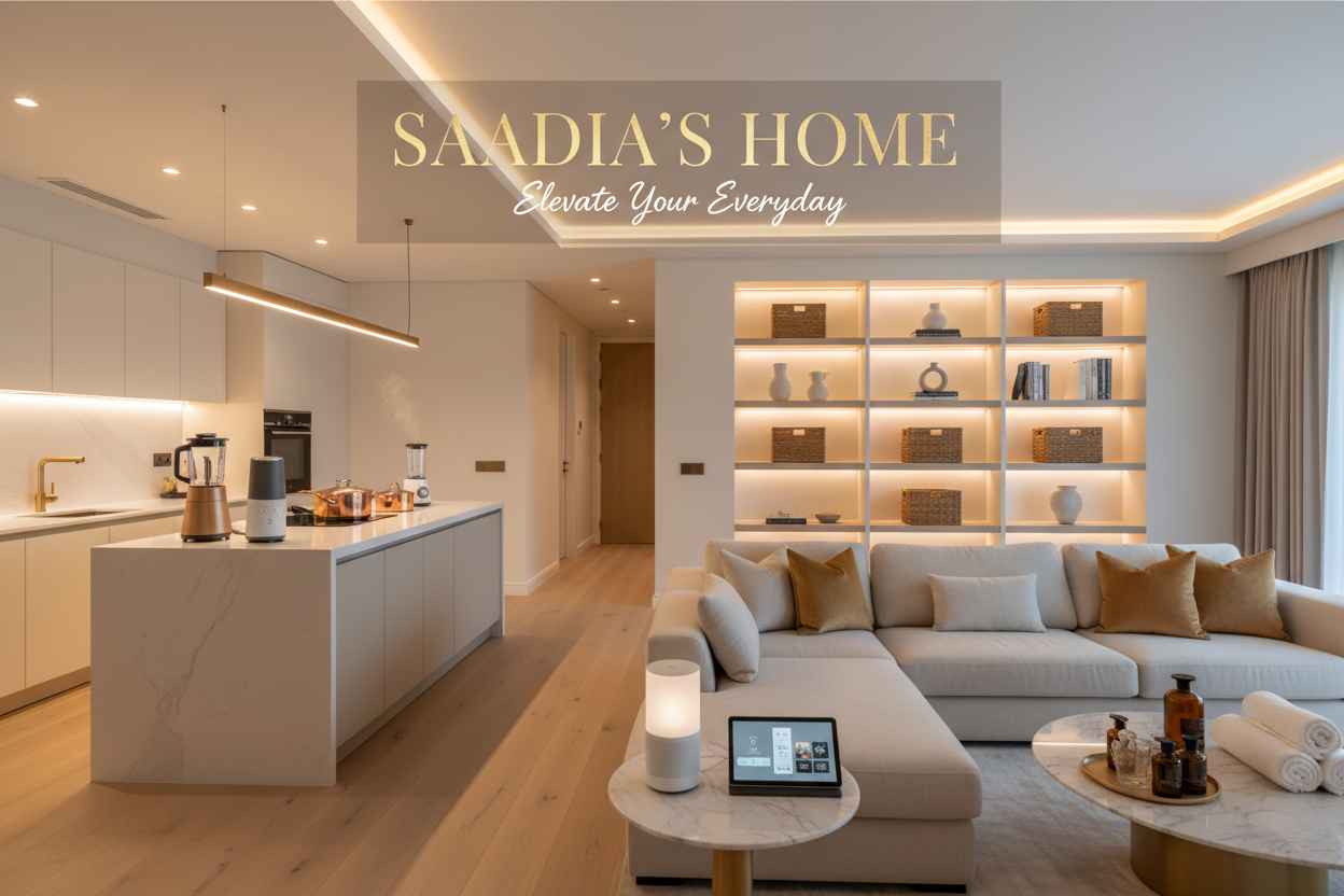 Saadia's Home - Elegant modern home interior showcasing smart home essentials, kitchen gadgets, LED lighting, and premium home organization products