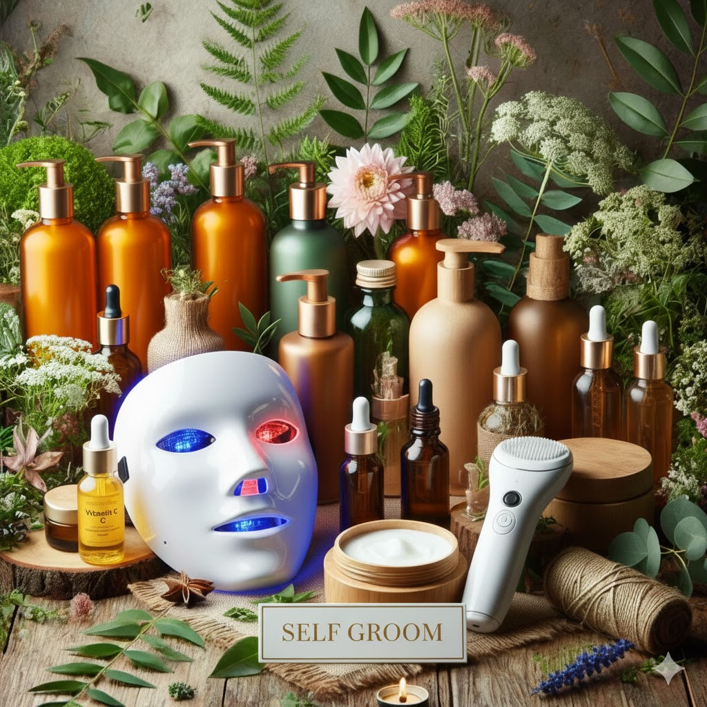 Smart beauty gadgets collection featuring an LED facial mask, Vitamin C serum set, and electronic pore cleanser for professional at-home skincare – saadias.com