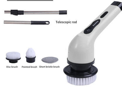 Electric rechargeable cleaning brush for home and car cleaning in white with three cleaning heads.