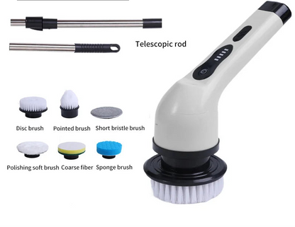 Electric rechargeable cleaning brush for home and car cleaning in white with 6 cleaning heads.