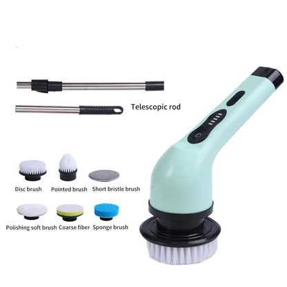 Electric rechargeable cleaning brush for home and car cleaning in green color with 6 heads. 