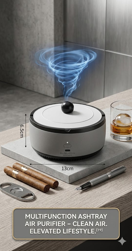 The other grey color of rechargeable ashtray with air purifier. the dimensions are also mentioned.