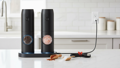 Black pepper and salt grinders with Type C charging port on charging base.