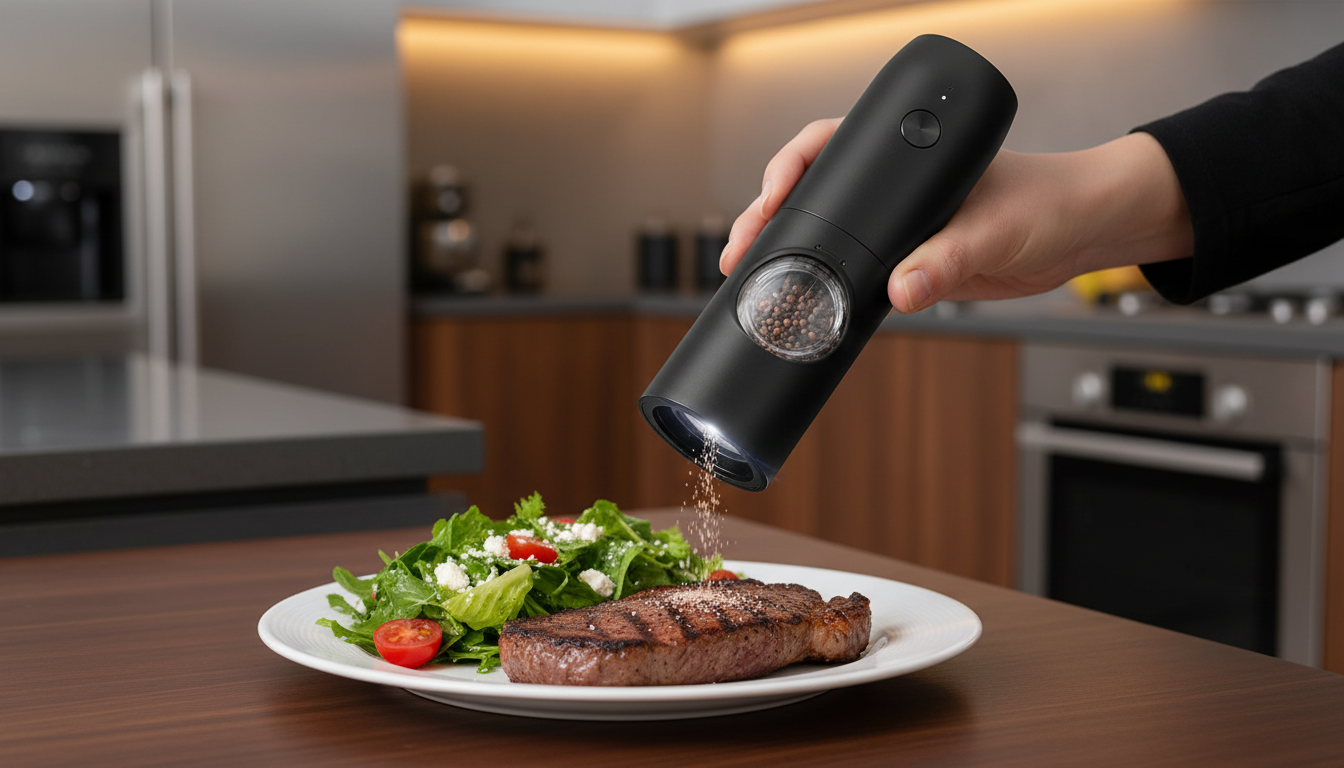 Person seasoning a steak with a pepper grinder in a kitchen setting