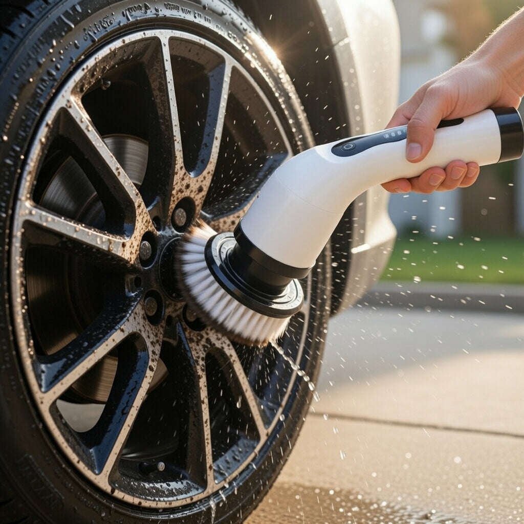Person cleaning a car wheel with cordless electric spin scrubber and water.