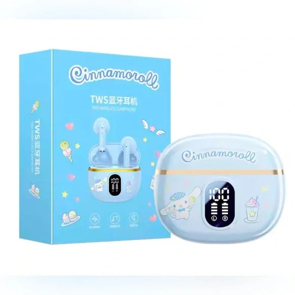 Cinnamoroll earbuds with digital display and package details.