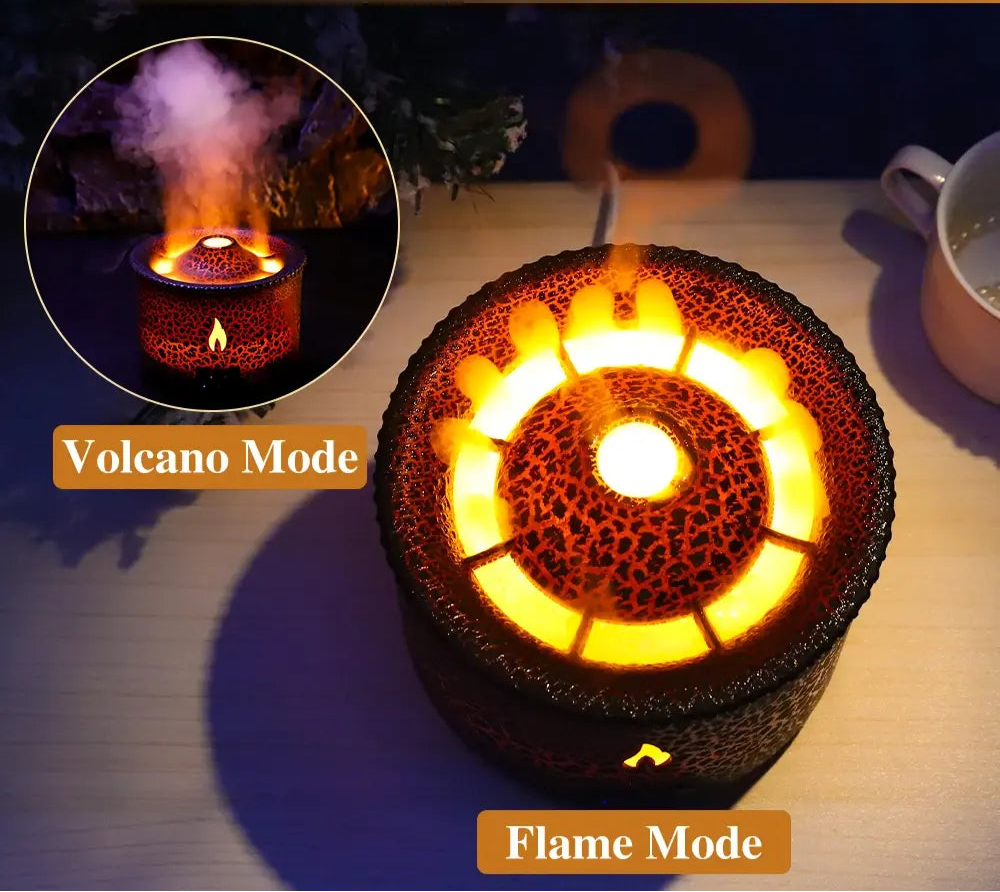 Close-up of the EruptGlow Volcano Diffuser showing flame-like mist and lighting.
