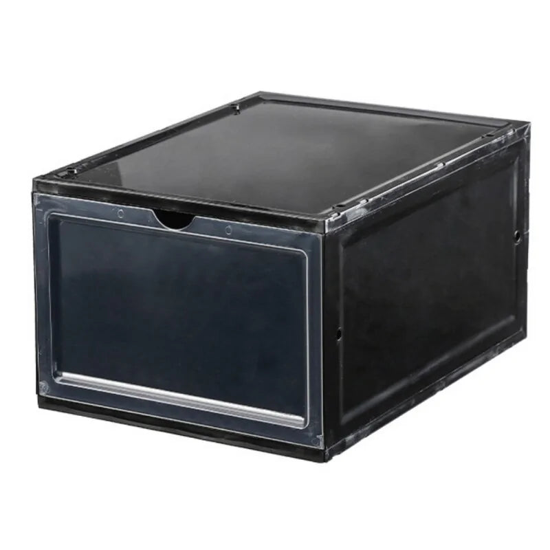 Front view of a vertical transparent shoe storage box with clear panels.
