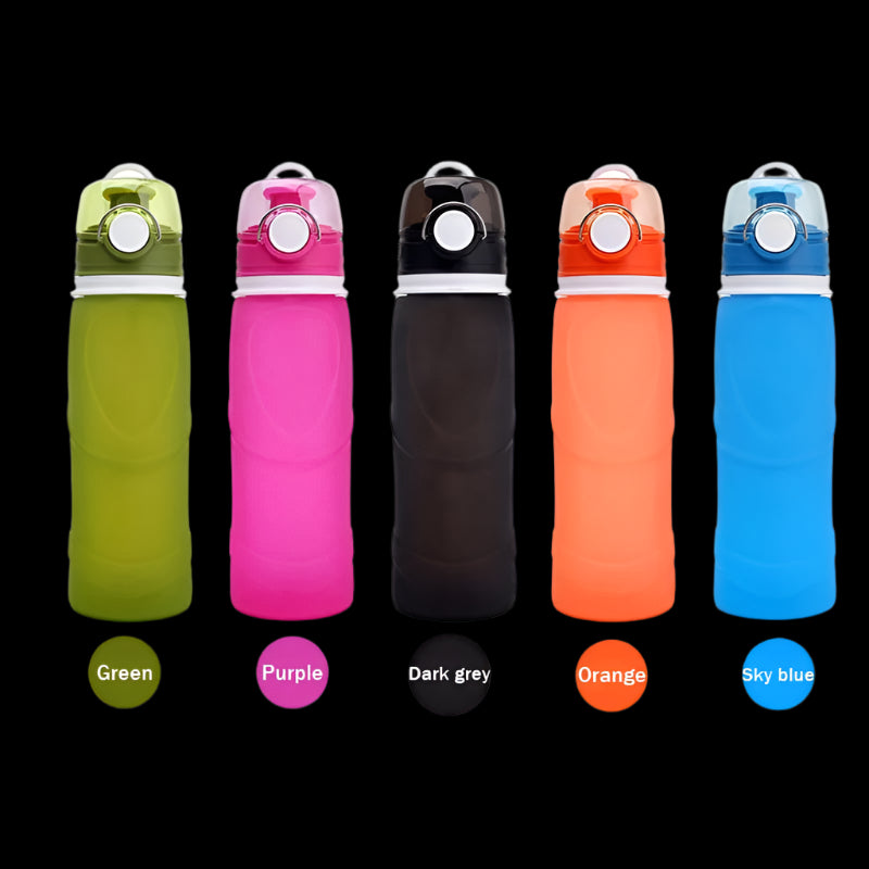 Lightweight silicone water bottle in a vibrant color, perfect for travel.
