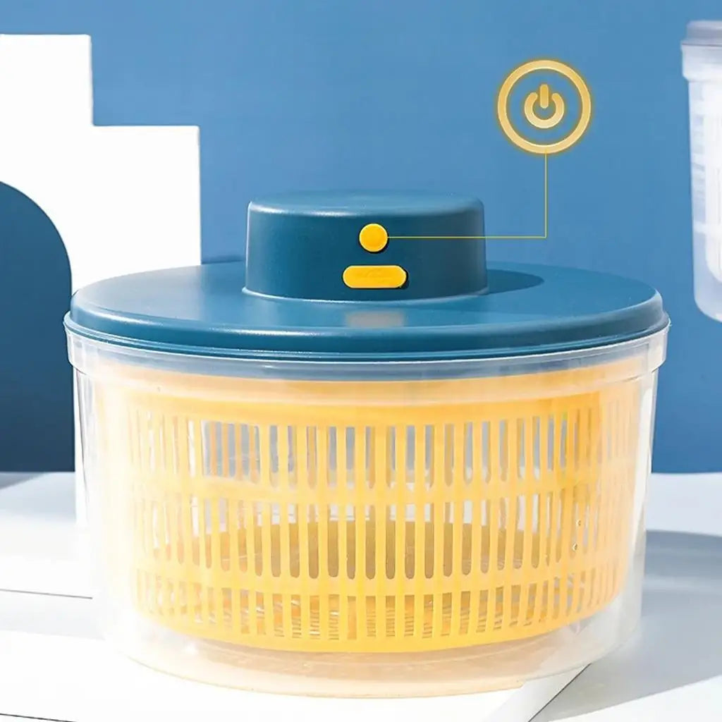 product display of Compact Kitchen Salad Spinner, Yellow salad spinner with blue lid on a white surface against a blue background