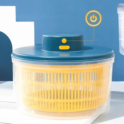product display of Compact Kitchen Salad Spinner, Yellow salad spinner with blue lid on a white surface against a blue background
