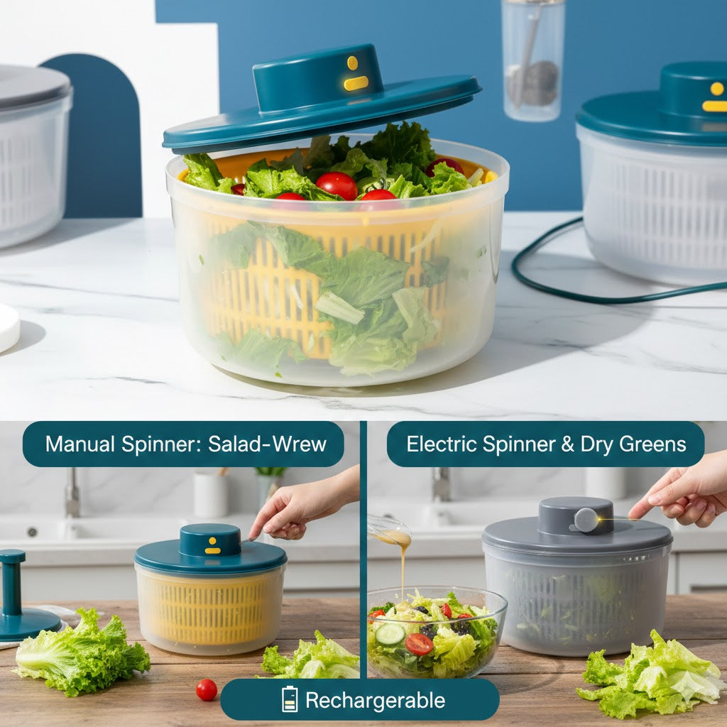 Salad spinner with fresh greens on a kitchen counter, showing manual and electric versions.