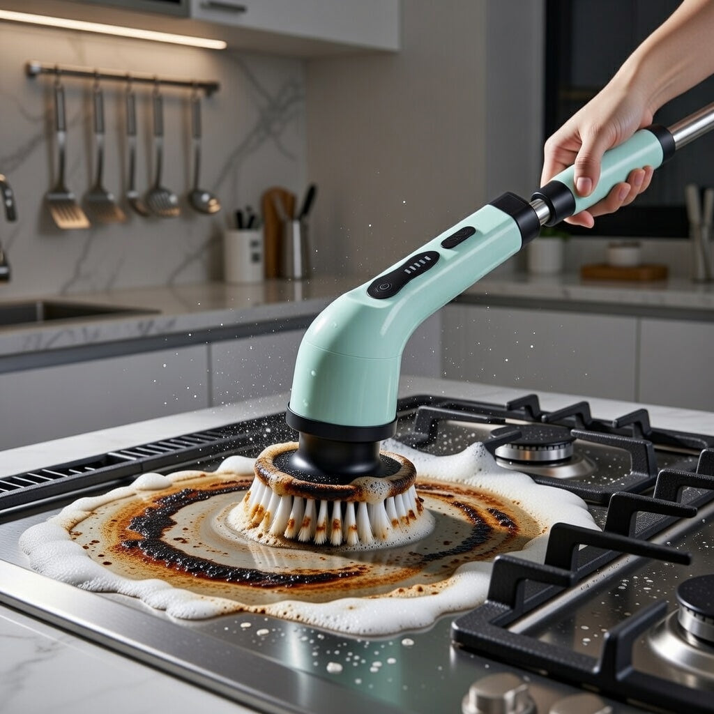 Cordless electric spin scrubber removing stubborn grease from stove effortlessly.