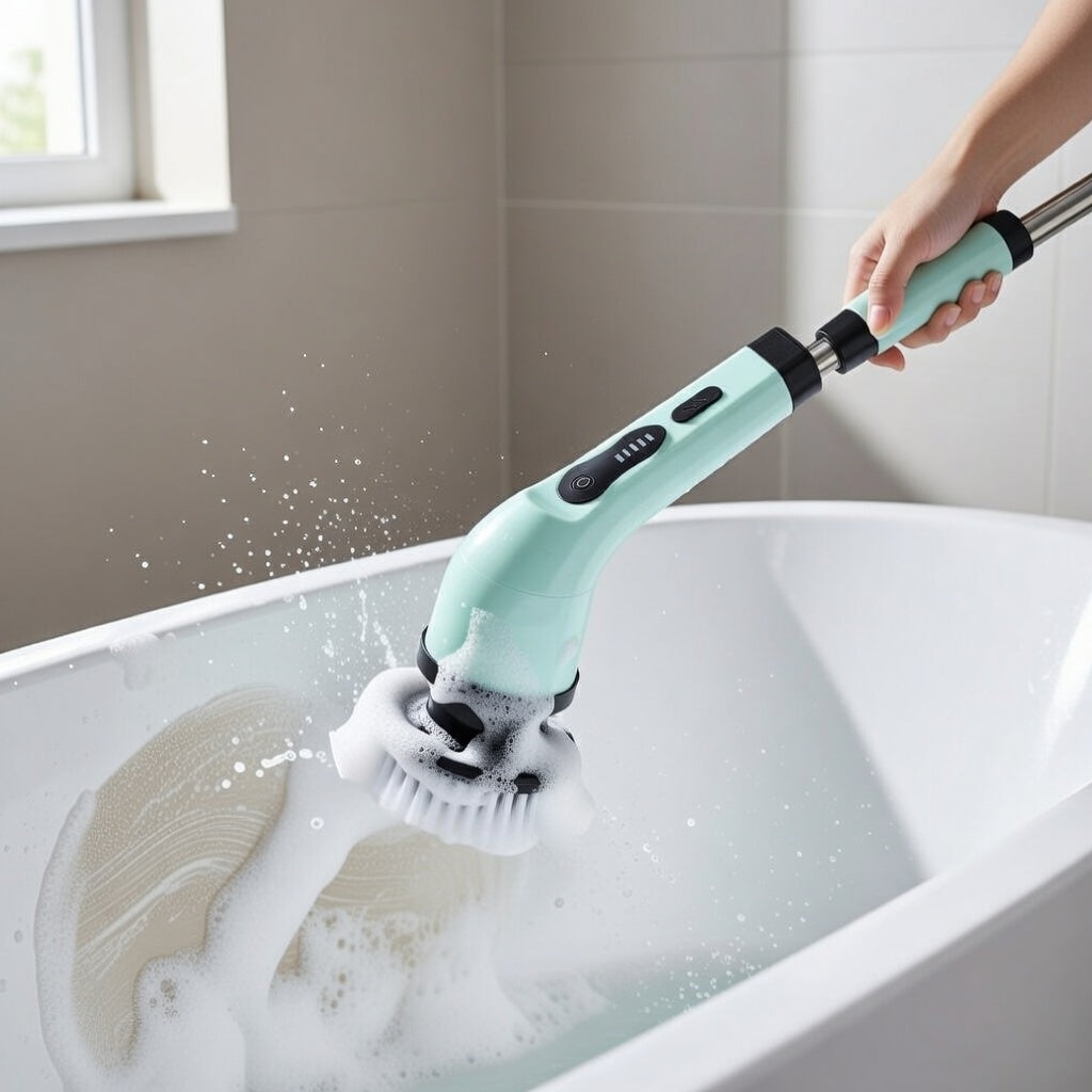 Person cleaning a bathtub with a Cordless electric spin scrubber in a bathroom setting.