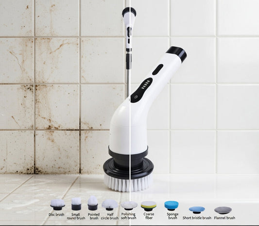 Cordless electric spin scrubber cleaning bathroom tiles with before and after effect.