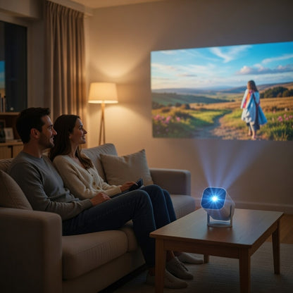 Couple watching a scenic display on a screen in a dimly lit room with a small projector.