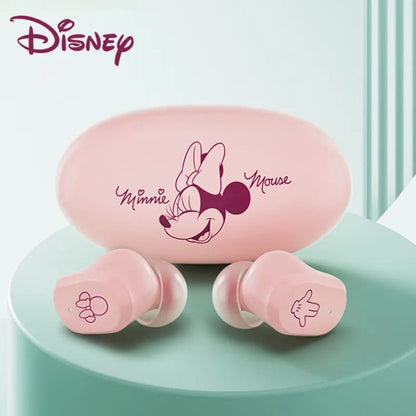 Pink wireless earbuds with a matching case featuring Minnie Mouse design.